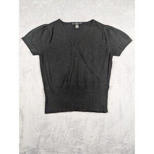 August Silk Womens Top Size XL Black Faux Wrap Stretch Blouse Quiet Luxury